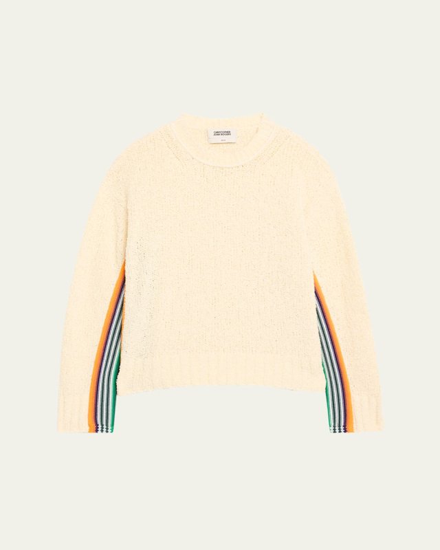 Striped-Side Boucle Knit Crewneck Sweat